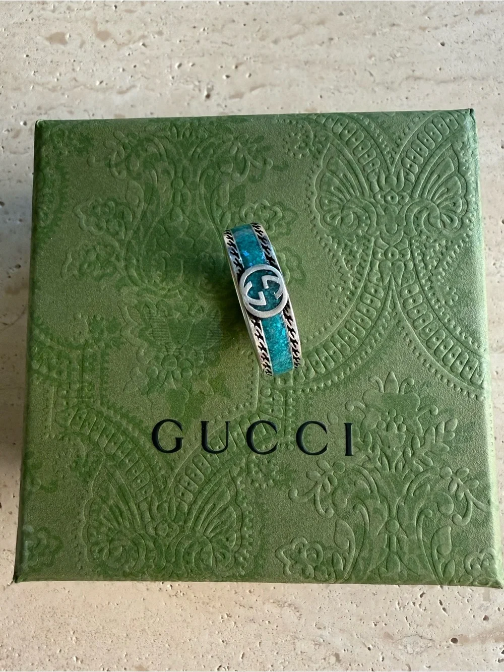 NWT GUCCI INTERLOCKING G RING STERLING SILVER TURQUOISE ENAMEL DESIGNER SIZE: 21